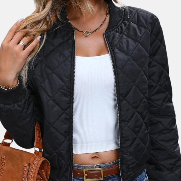 Women's Quilted Diamond-Stitch Zip-Up Cropped Bomber Jacket