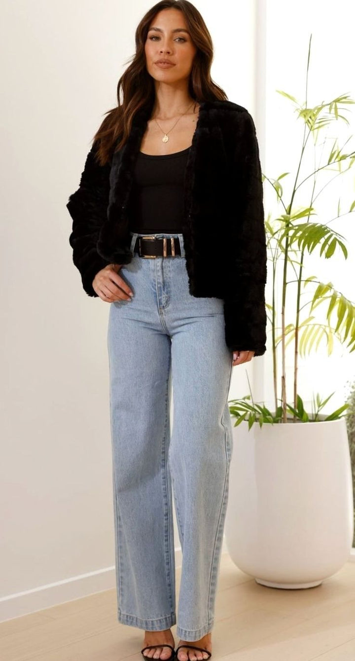 Women's Quilted Faux Fur Cropped Open-Front Evening Jacket