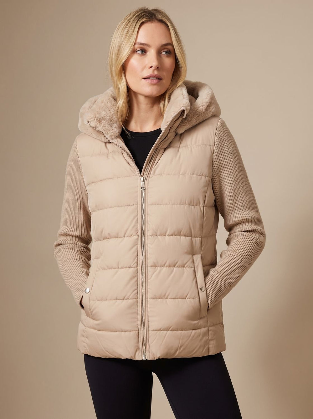 Women's Quilted Faux Fur Hooded Puffer Winter Jacket