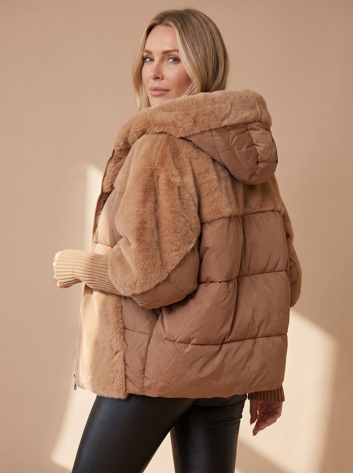 Women's Quilted Faux Fur Hooded Puffer Winter Jacket