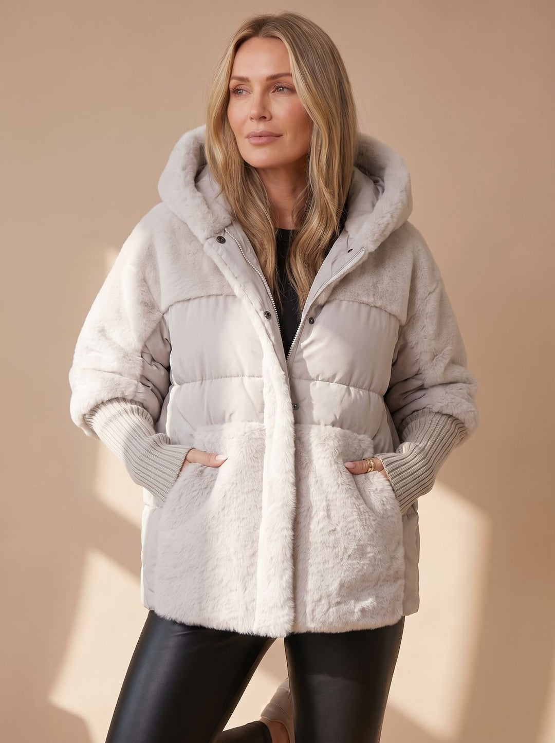 Women's Quilted Faux Fur Hooded Puffer Winter Jacket - Gray