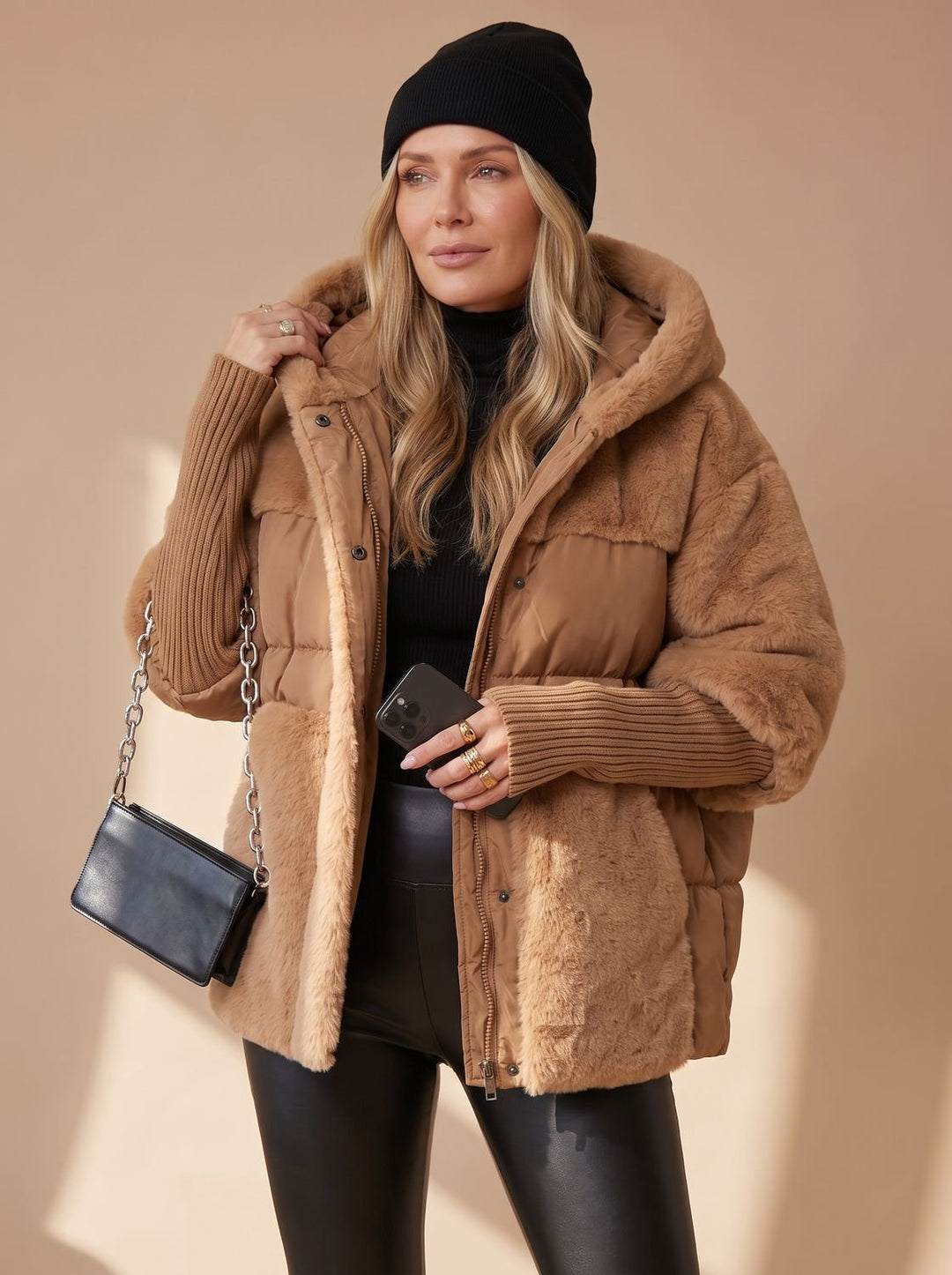 Women's Quilted Faux Fur Hooded Puffer Winter Jacket - Brown