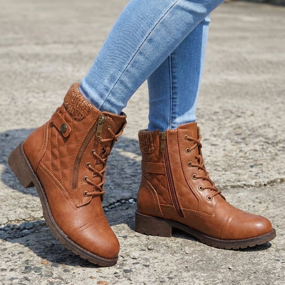 Women's Quilted Faux Leather Lace-Up Side Zip Ankle Boots - Brown