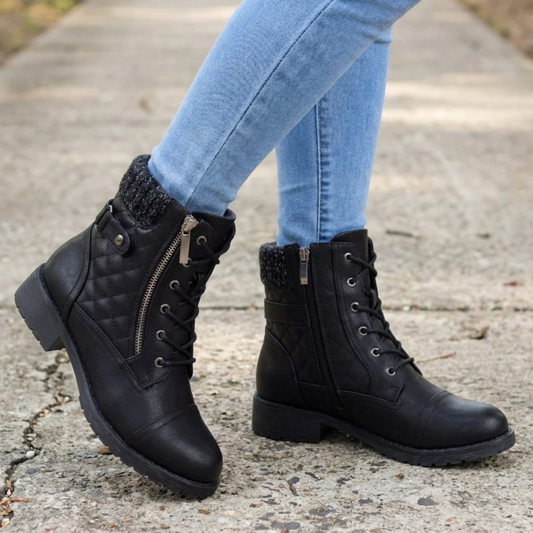 Women's Quilted Faux Leather Lace-Up Side Zip Ankle Boots - Black