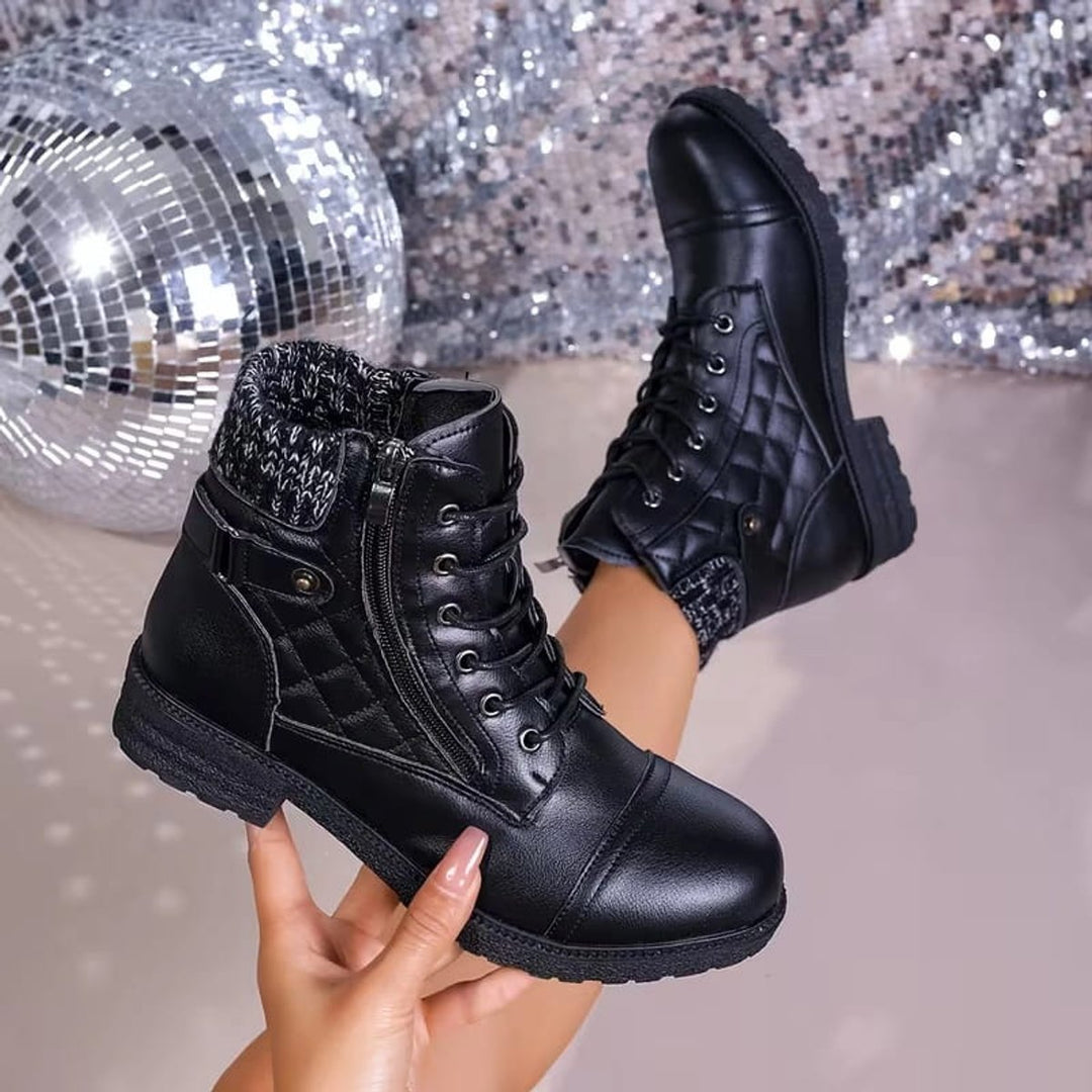 Women's Quilted Faux Leather Lace-Up Side Zip Ankle Boots
