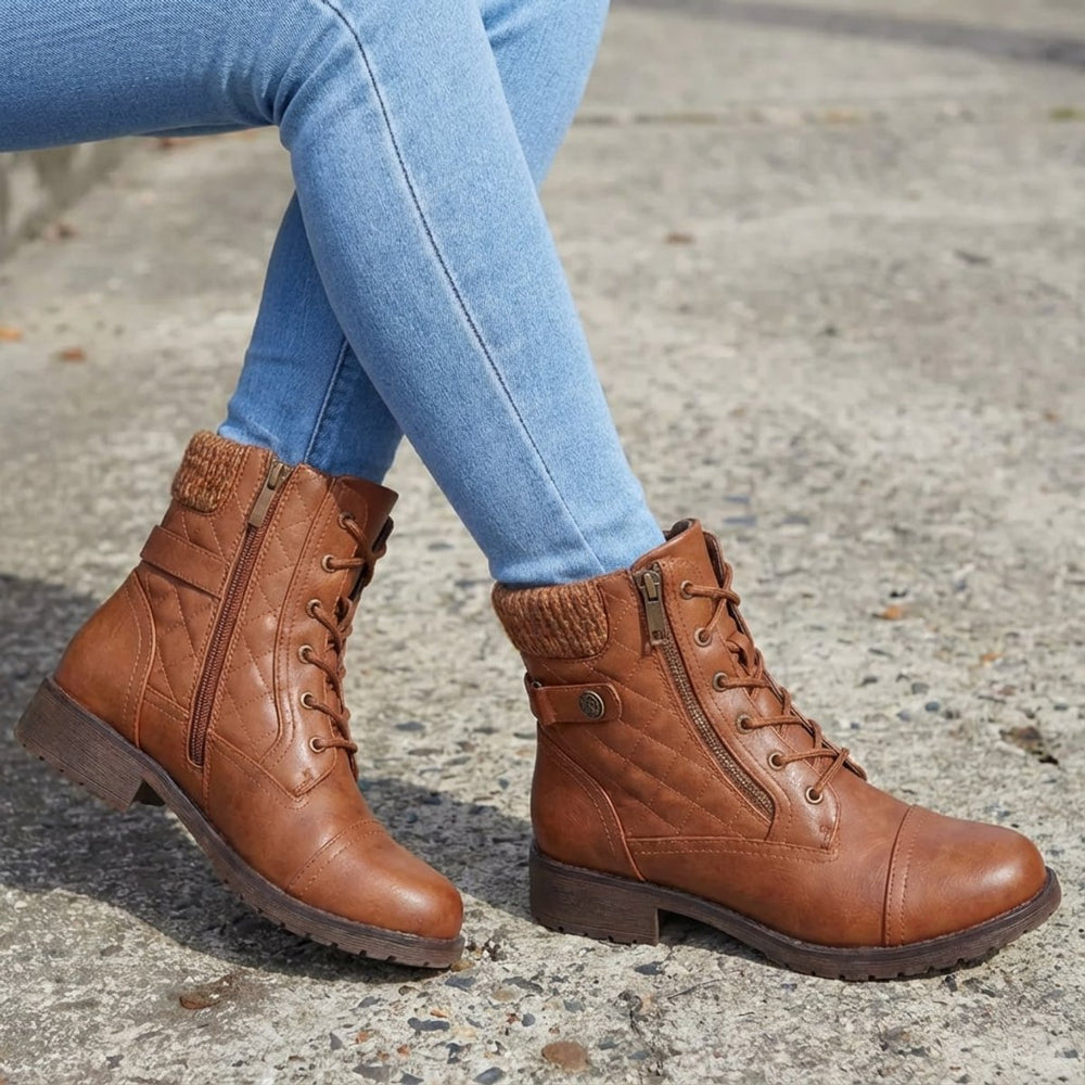 Women's Quilted Faux Leather Lace-Up Side Zip Ankle Boots