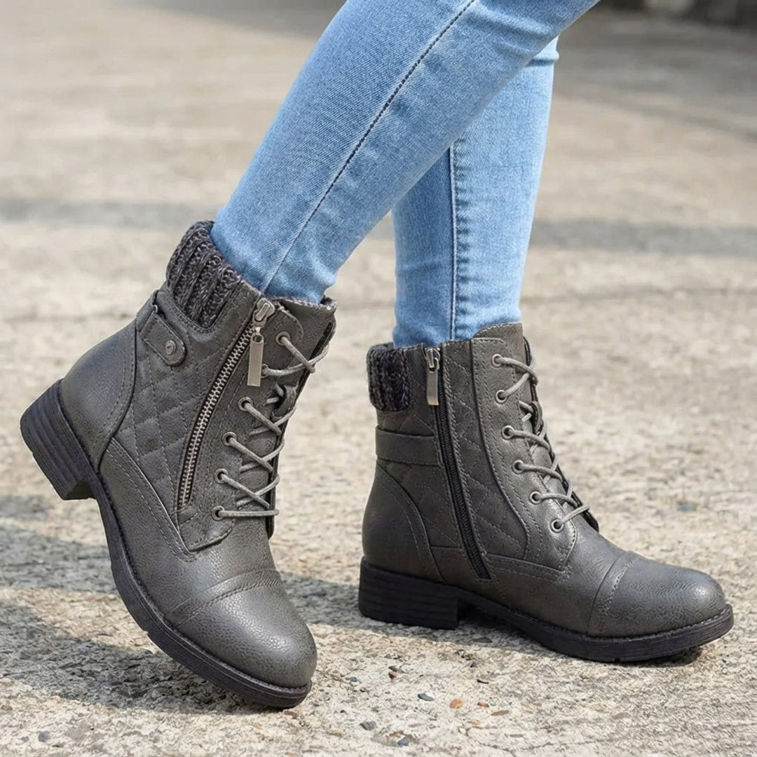 Women's Quilted Faux Leather Lace-Up Side Zip Ankle Boots - Gray