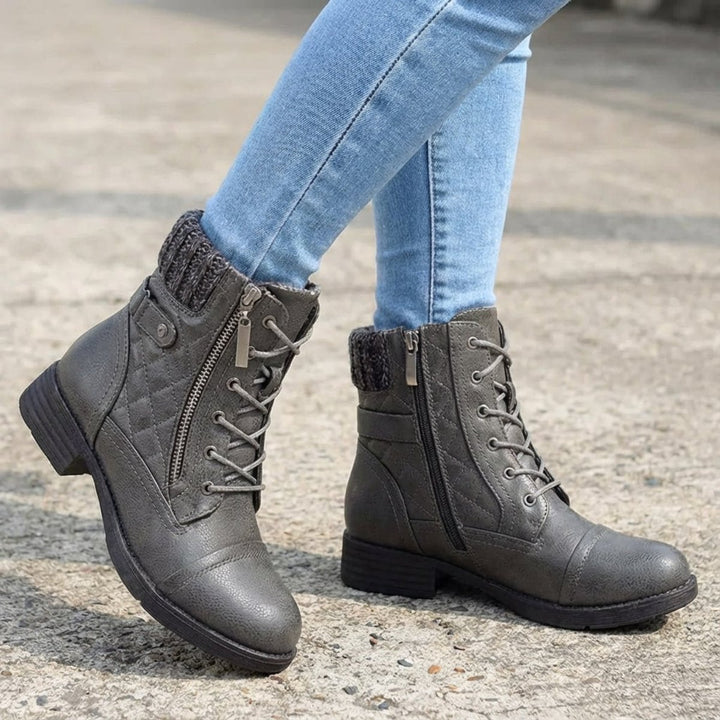 Women's Quilted Faux Leather Lace-Up Side Zip Ankle Boots - Gray