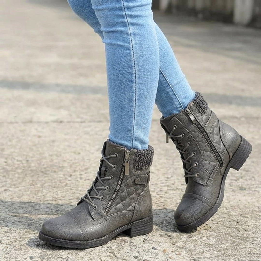 Women's Quilted Faux Leather Lace-Up Side Zip Ankle Boots
