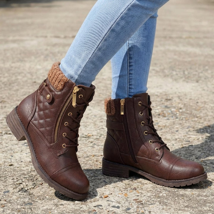 Women's Quilted Faux Leather Lace-Up Side Zip Ankle Boots - Dark Brown