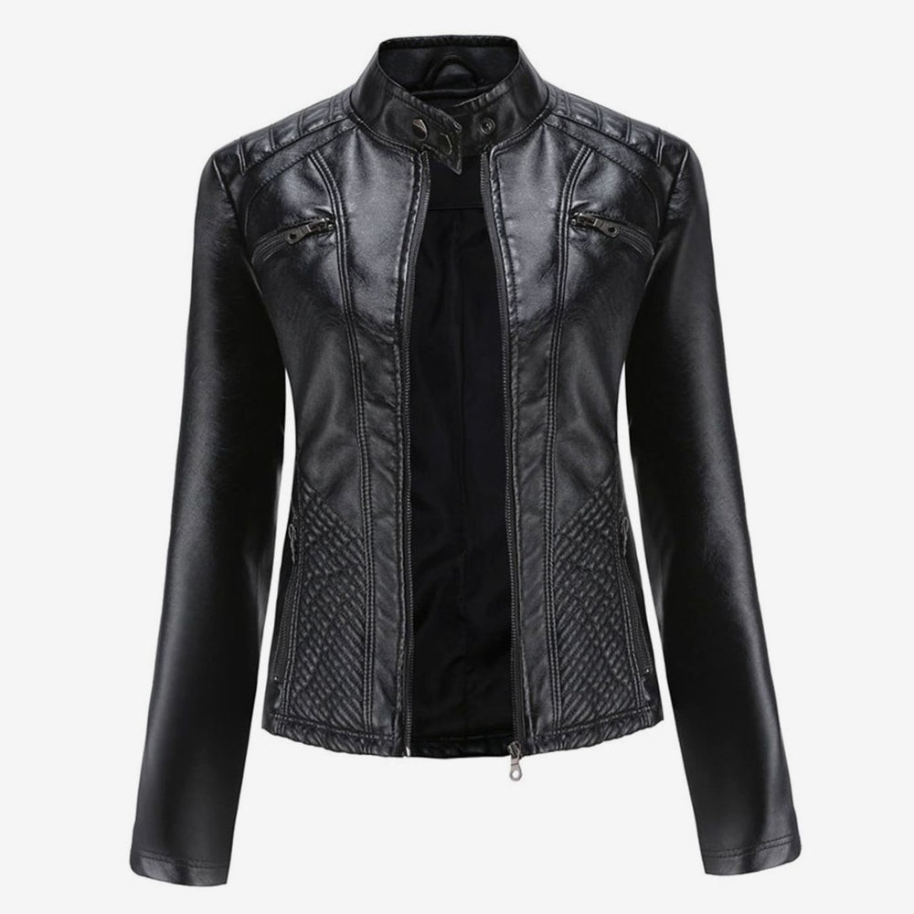 Women's Quilted Faux Leather Zip-Up Biker Jacket - Black