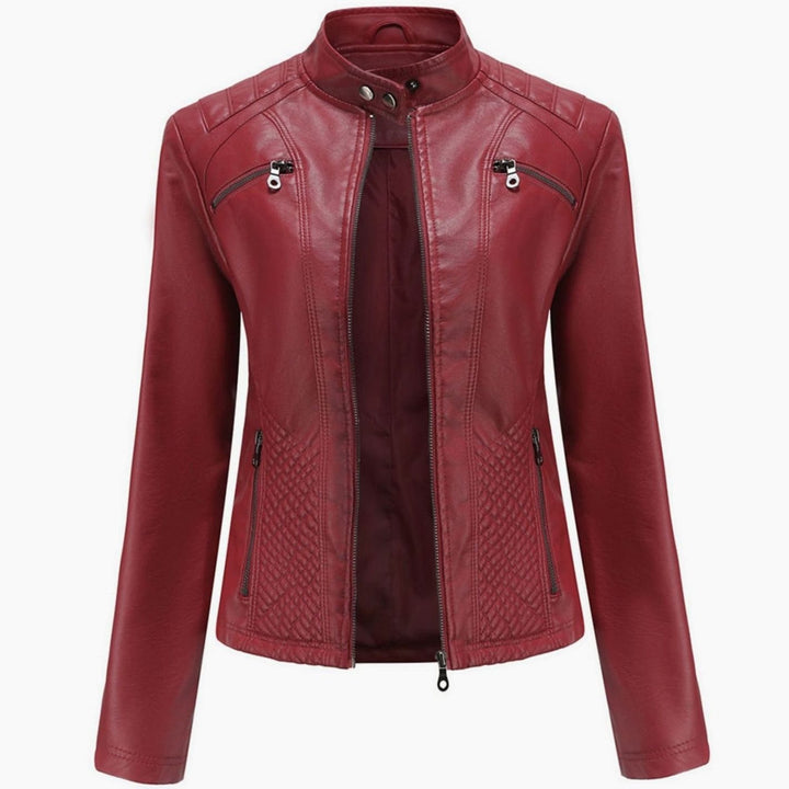 Women's Quilted Faux Leather Zip-Up Biker Jacket - Burgundy