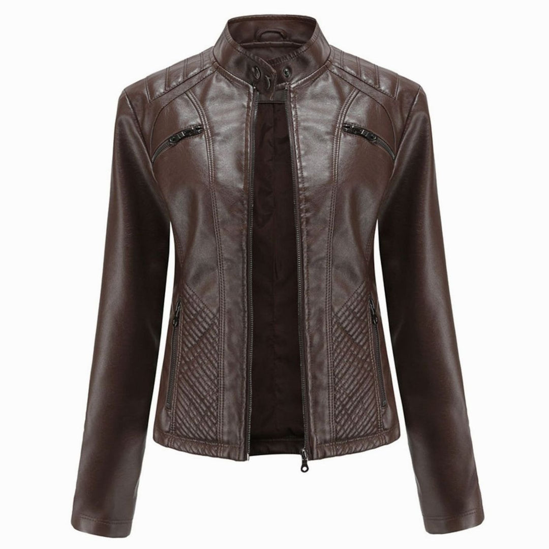 Women's Quilted Faux Leather Zip-Up Biker Jacket - Coffee