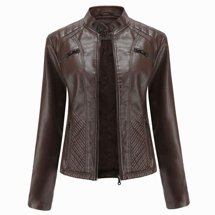Women's Quilted Faux Leather Zip-Up Biker Jacket - Coffee