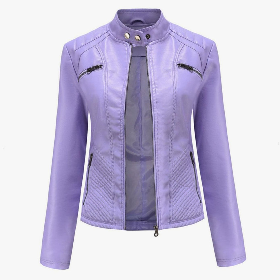 Women's Quilted Faux Leather Zip-Up Biker Jacket - Purple
