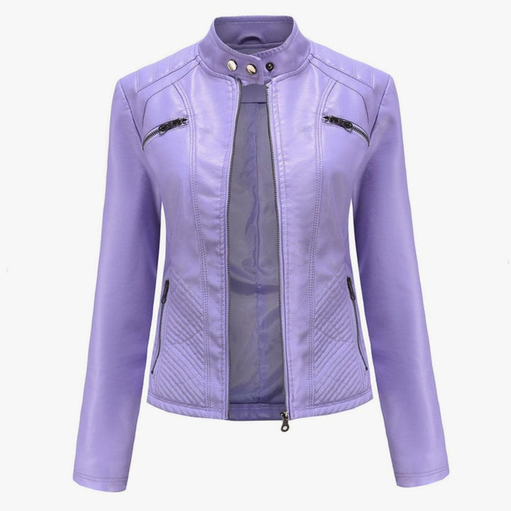 Women's Quilted Faux Leather Zip-Up Biker Jacket - Purple