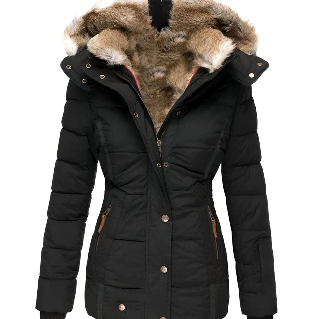 Women's Quilted Fur-Hood Zip-Up Winter Puffer Jacket - Black