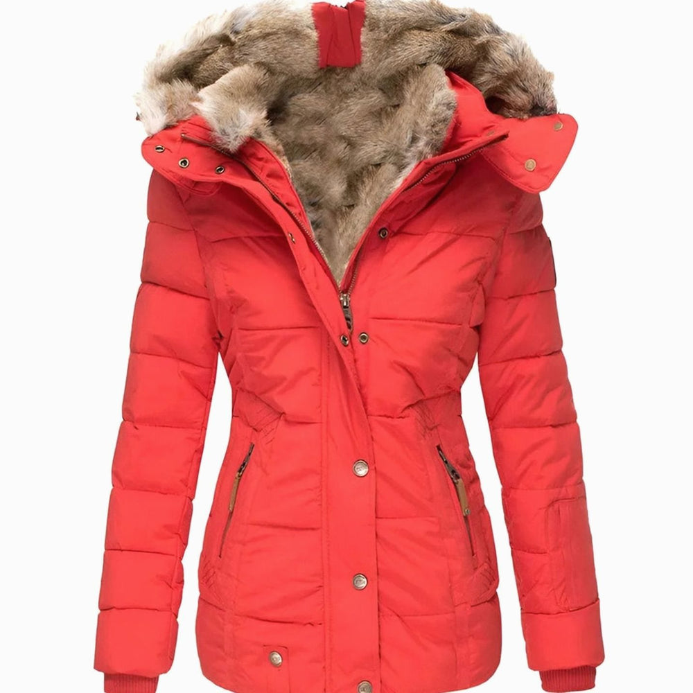 Women's Quilted Fur-Hood Zip-Up Winter Puffer Jacket - Red
