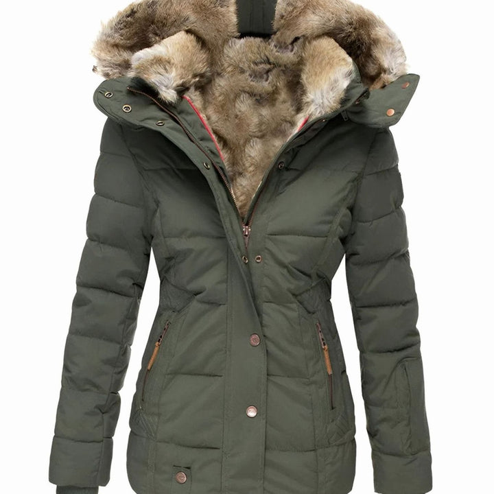 Women's Quilted Fur-Hood Zip-Up Winter Puffer Jacket - Green