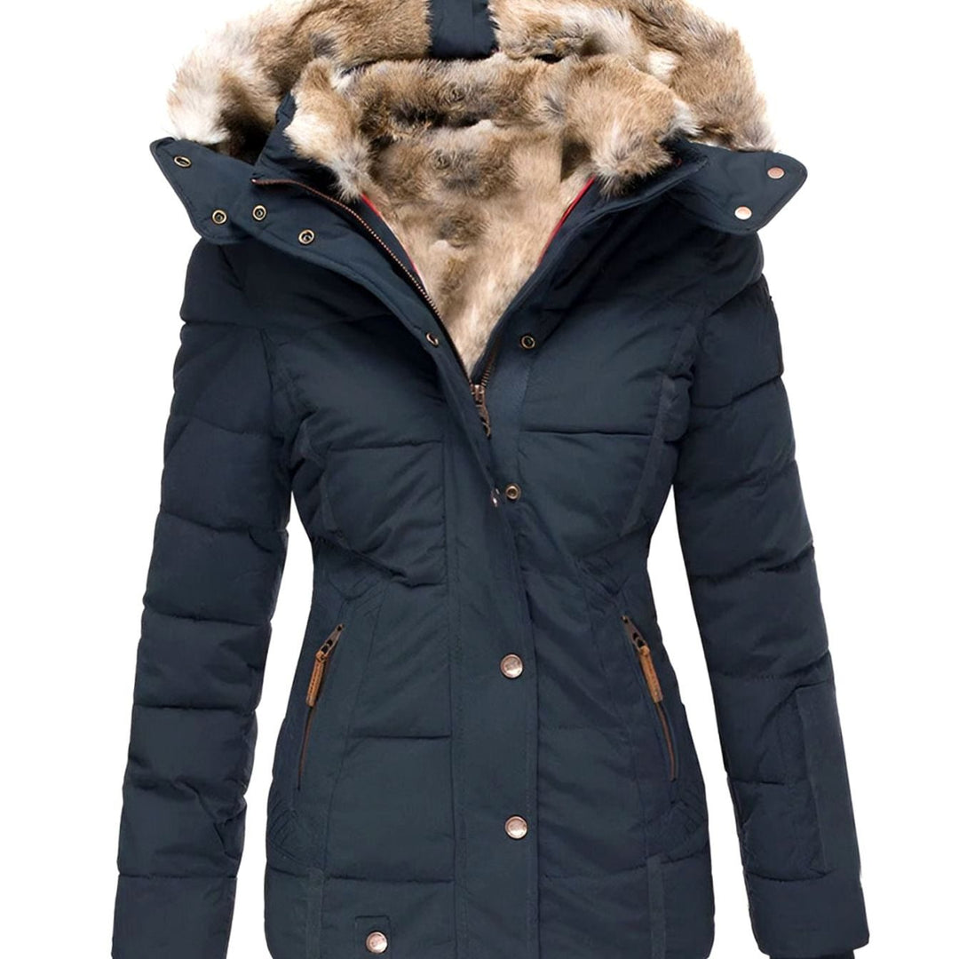 Women's Quilted Fur-Hood Zip-Up Winter Puffer Jacket - Navy Blue