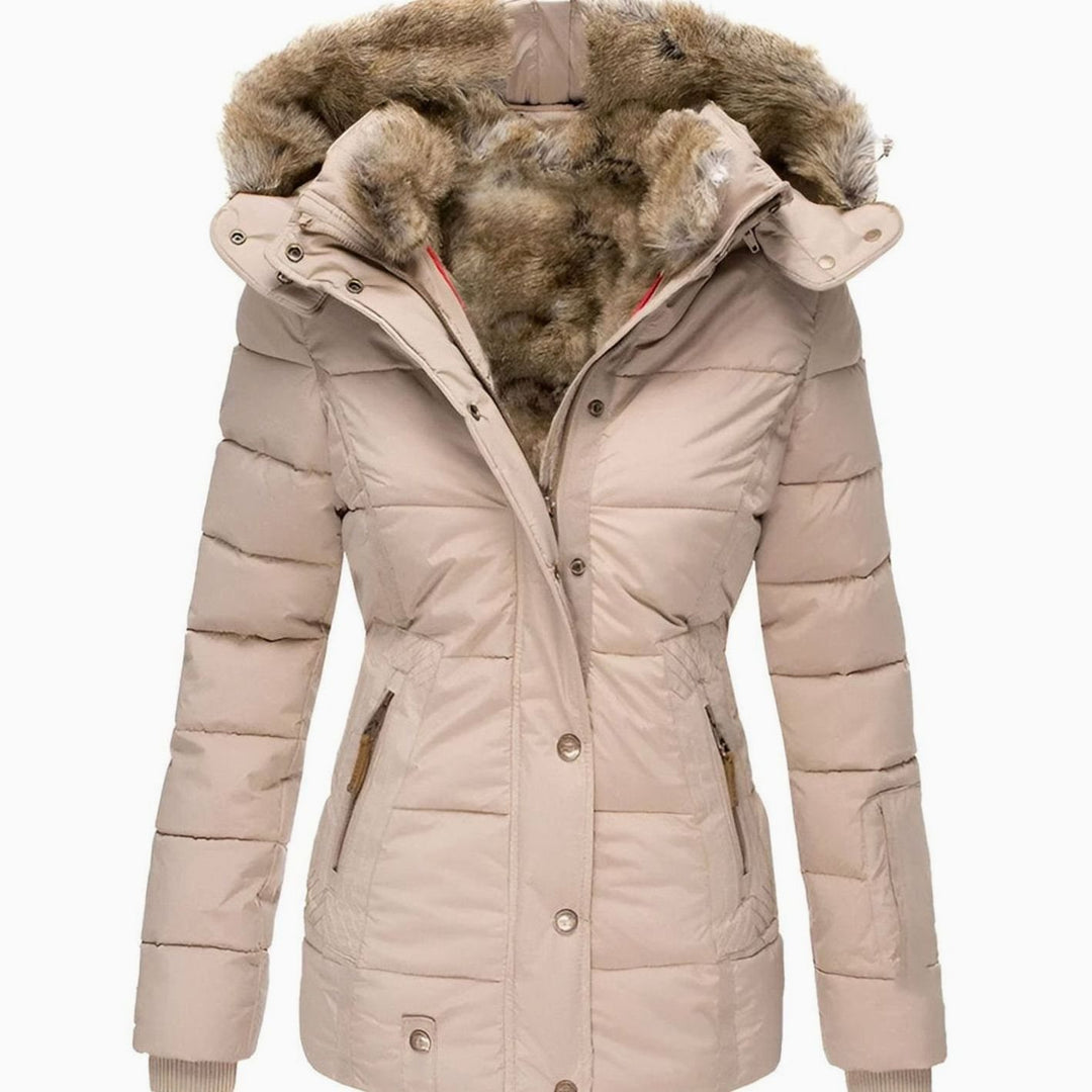 Women's Quilted Fur-Hood Zip-Up Winter Puffer Jacket - Beige