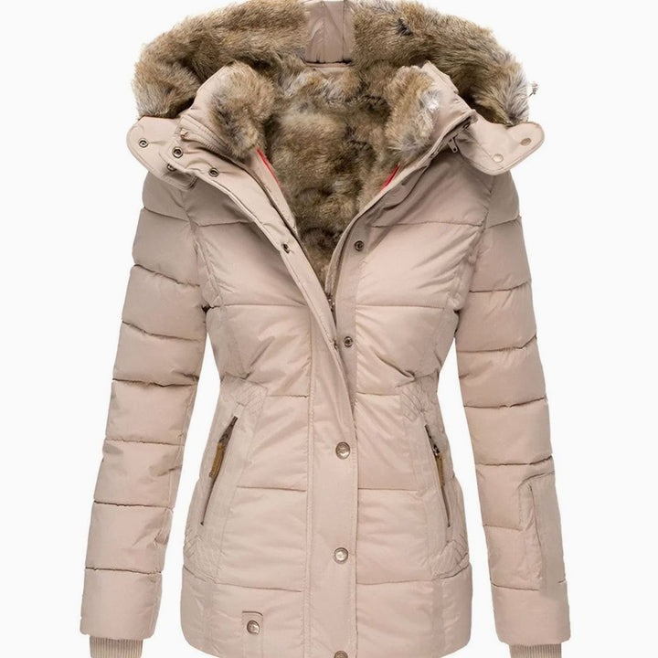 Women's Quilted Fur-Hood Zip-Up Winter Puffer Jacket - Beige
