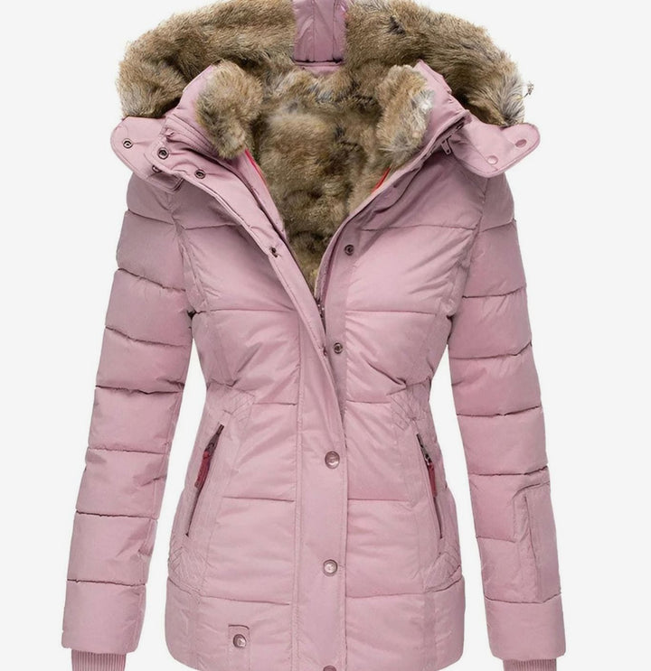 Women's Quilted Fur-Hood Zip-Up Winter Puffer Jacket - Pink