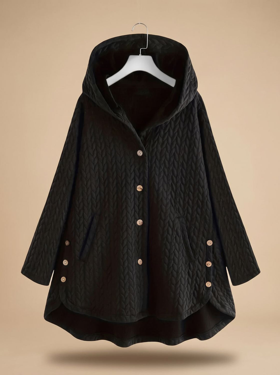 Women's Quilted Hooded Button-Front Asymmetric Coat - Black