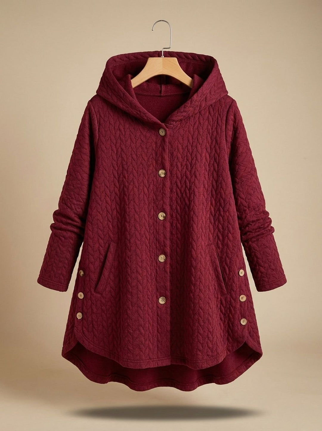 Women's Quilted Hooded Button-Front Asymmetric Coat - Red