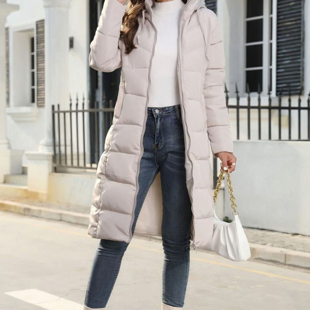 Women's Quilted Hooded Long Zip-Up Puffer Winter Coat - Beige