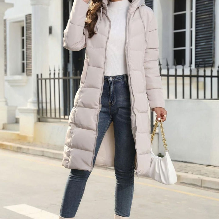 Women's Quilted Hooded Long Zip-Up Puffer Winter Coat - Beige