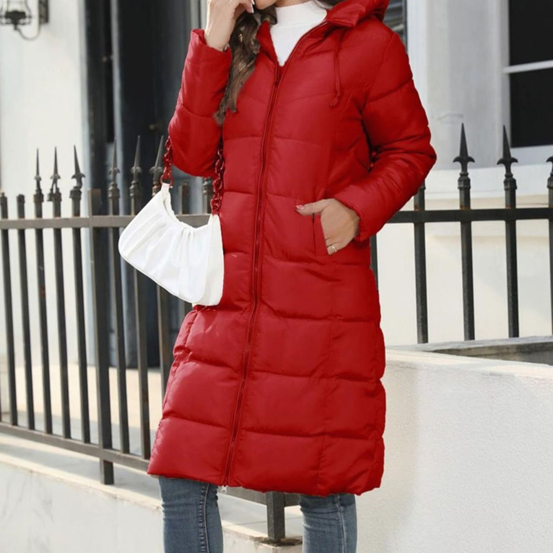 Women's Quilted Hooded Long Zip-Up Puffer Winter Coat - Red