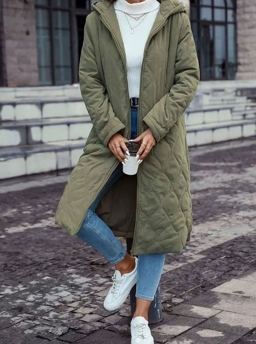 Women's Quilted Hooded Puffer Jacket Long Zip-Up Coat