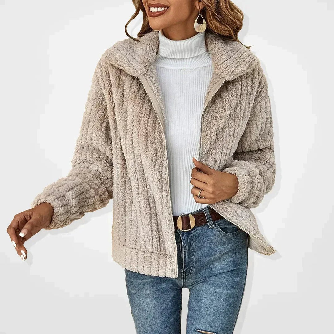 Women's Quilted Jacket Fluffy Zip-Up Plush Fleece Coat - Apricot