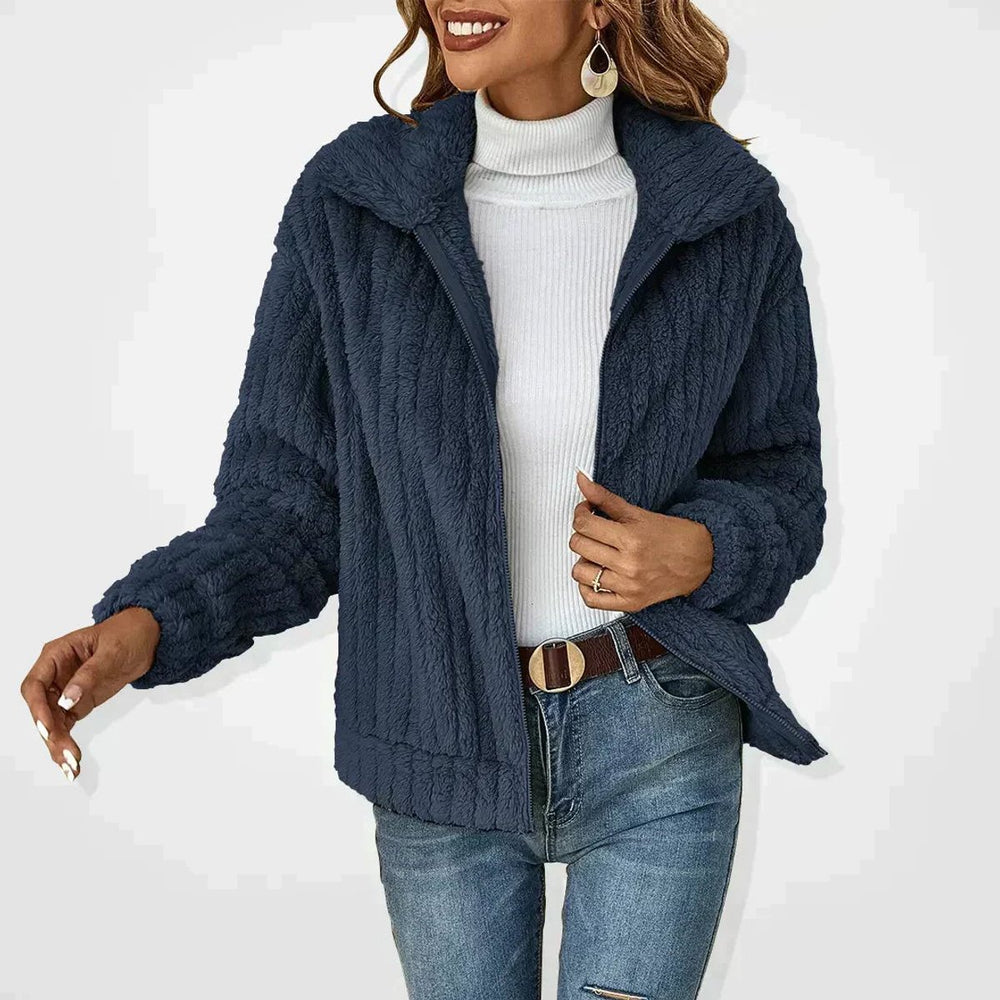 Women's Quilted Jacket Fluffy Zip-Up Plush Fleece Coat - Navy Blue