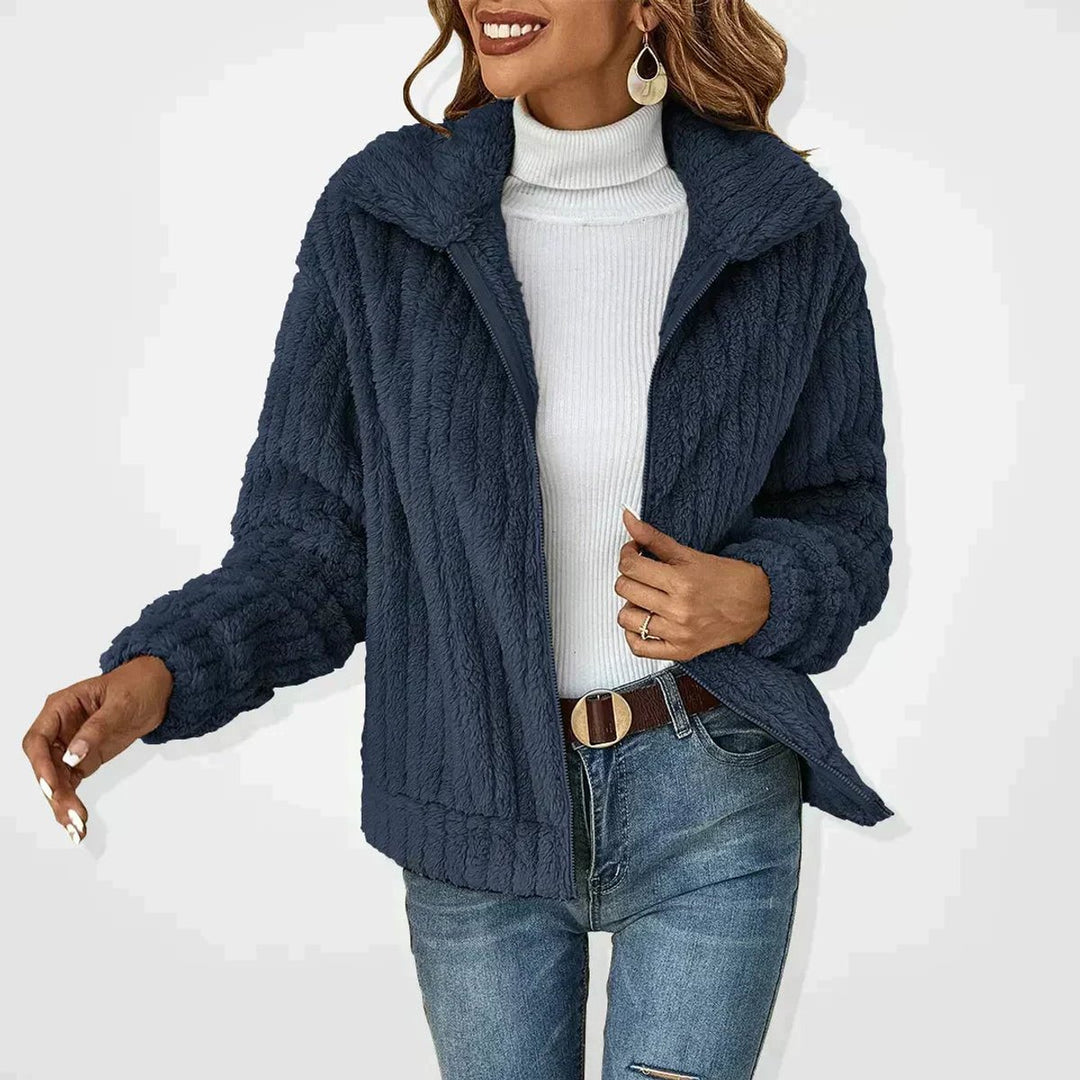 Women's Quilted Jacket Fluffy Zip-Up Plush Fleece Coat - Navy Blue