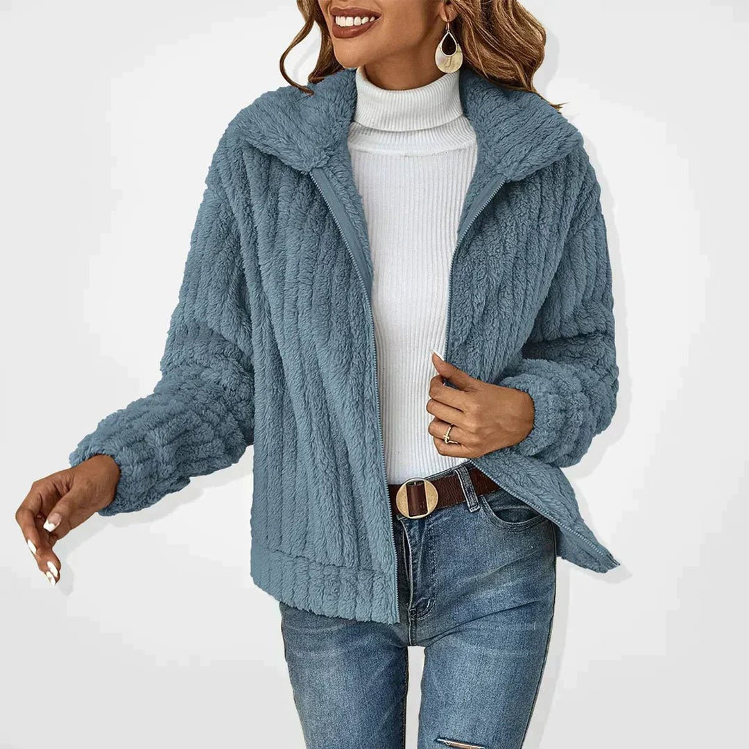 Women's Quilted Jacket Fluffy Zip-Up Plush Fleece Coat - Blue
