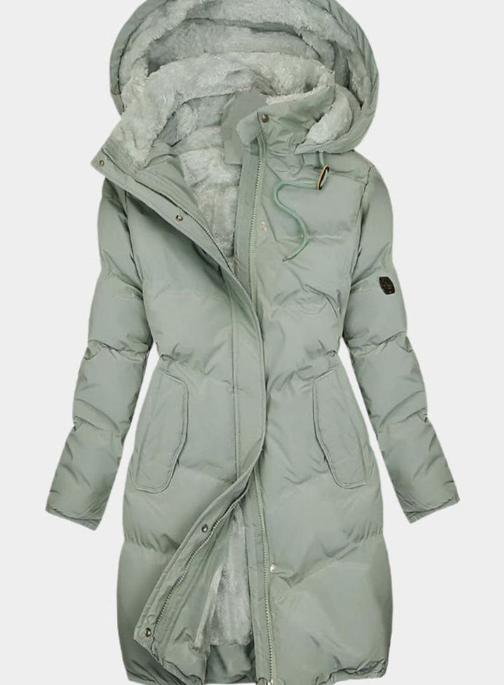 Women's Quilted Long Hooded Coat Fleece-Lined Full-Zip Parka - Green