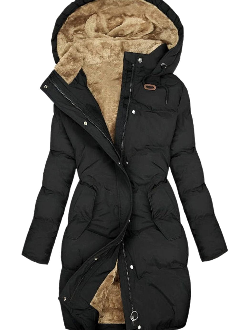Women's Quilted Long Hooded Coat Fleece-Lined Full-Zip Parka - Black