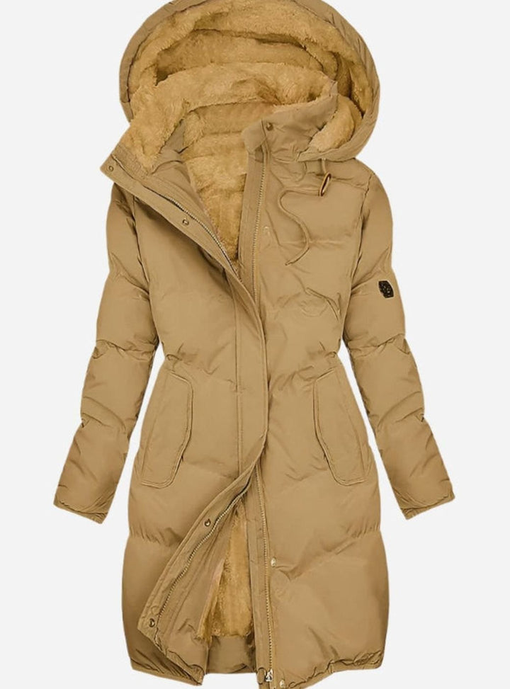 Women's Quilted Long Hooded Coat Fleece-Lined Full-Zip Parka - Yellow