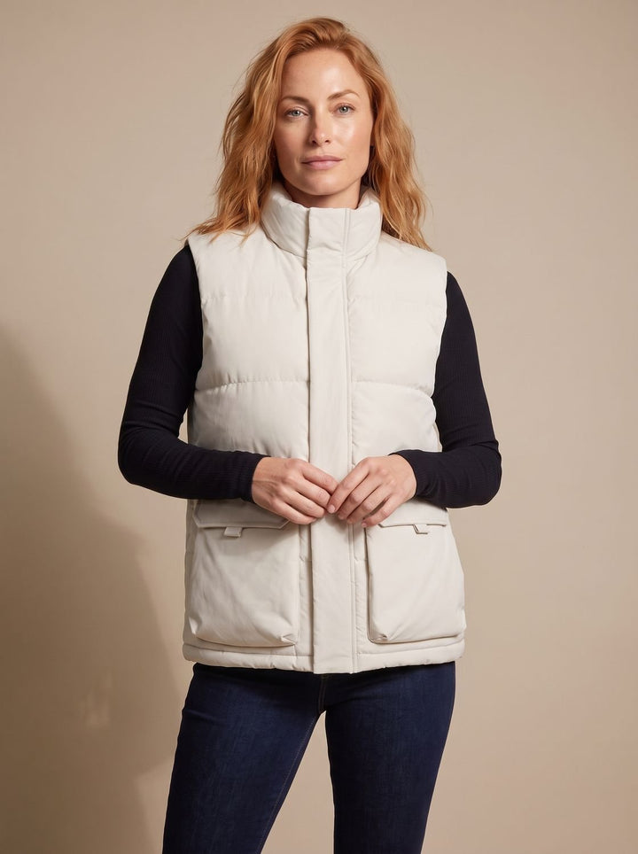 Women's Quilted Puffer Vest High-Neck Zip-Up Flap-Pocket Sleeveless Jacket