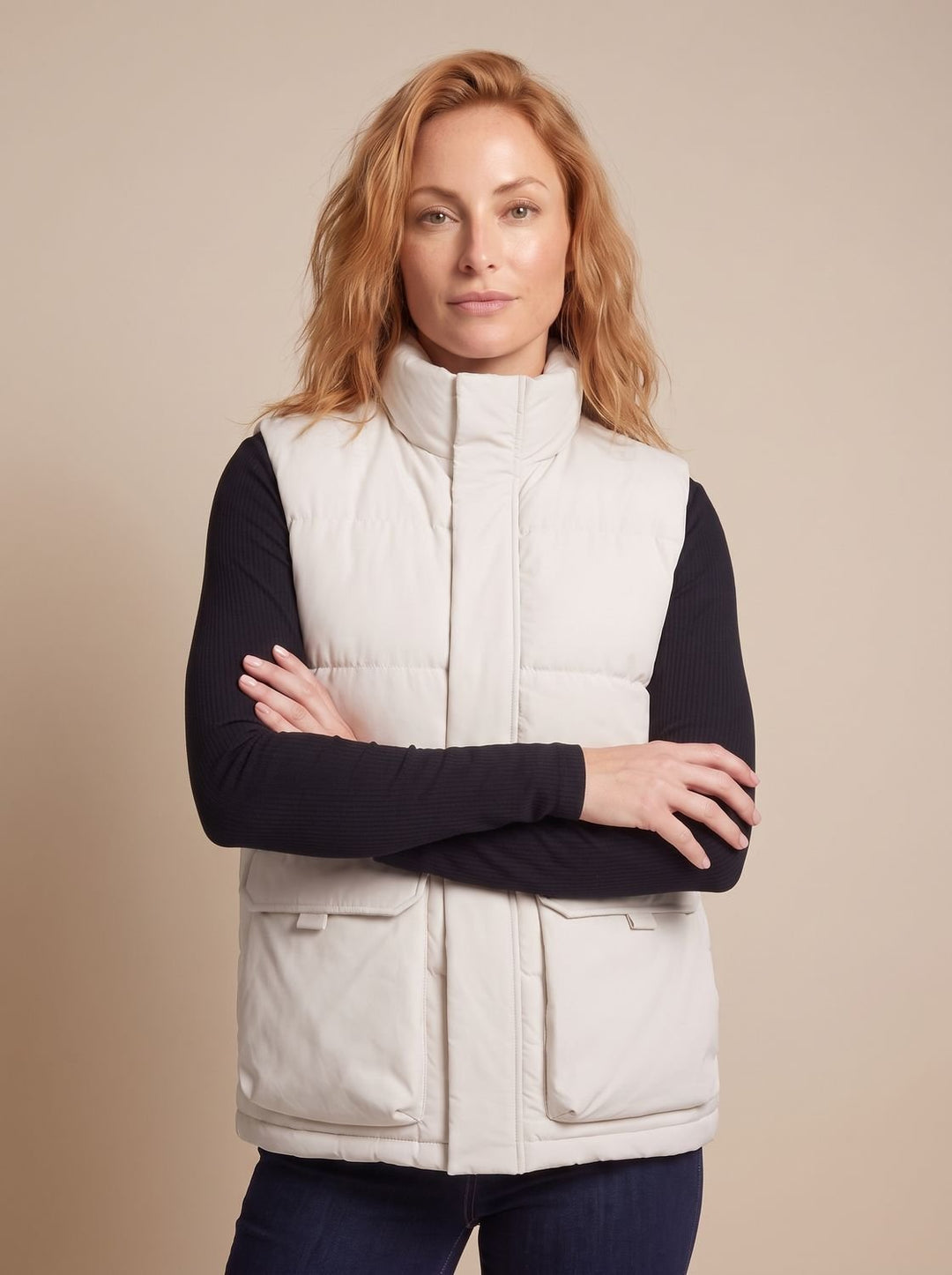 Women's Quilted Puffer Vest High-Neck Zip-Up Flap-Pocket Sleeveless Jacket
