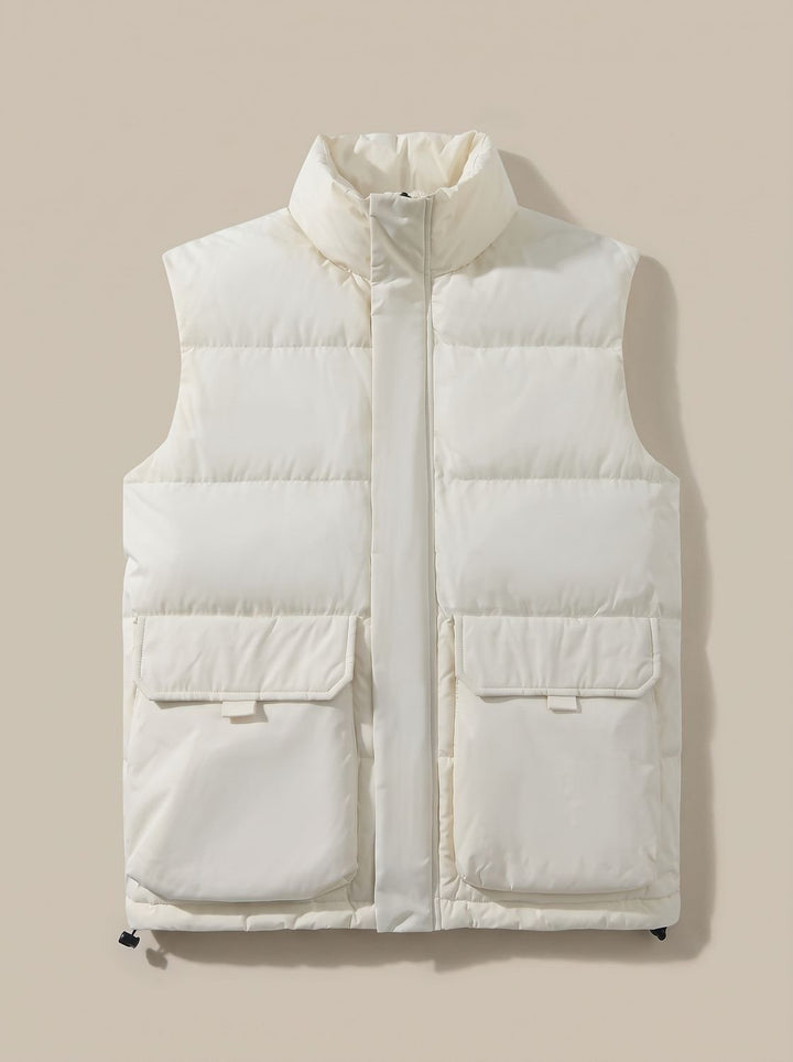Women's Quilted Puffer Vest High-Neck Zip-Up Flap-Pocket Sleeveless Jacket - Cream White