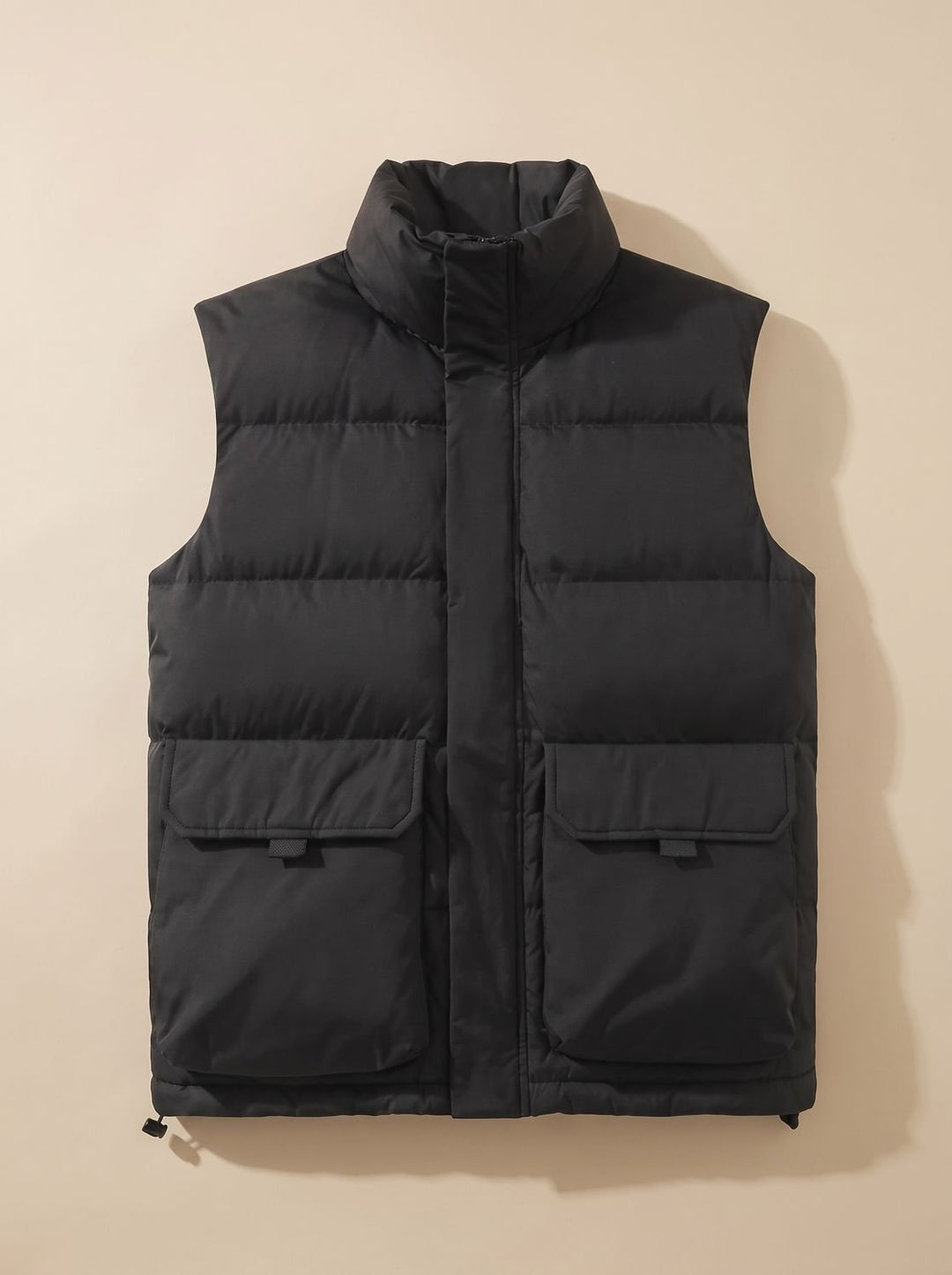 Women's Quilted Puffer Vest High-Neck Zip-Up Flap-Pocket Sleeveless Jacket - Black