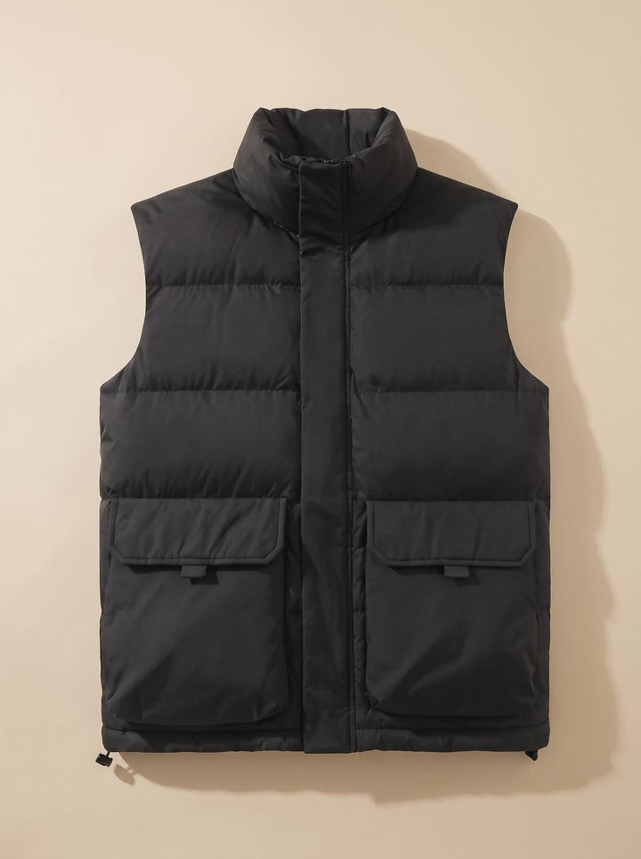 Women's Quilted Puffer Vest High-Neck Zip-Up Flap-Pocket Sleeveless Jacket - Black