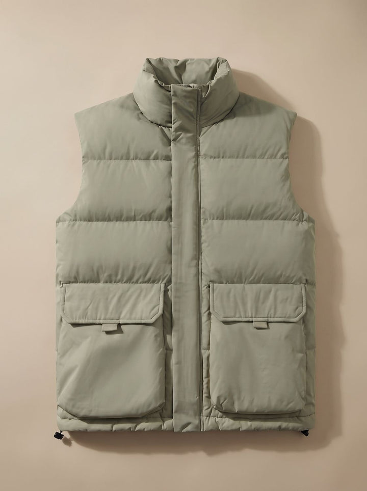 Women's Quilted Puffer Vest High-Neck Zip-Up Flap-Pocket Sleeveless Jacket - Light Green