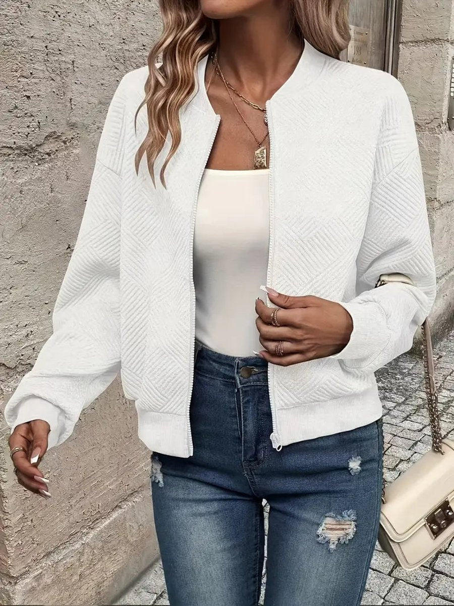 Women's Quilted Zip-Up Bomber Jacket Textured Cropped - White