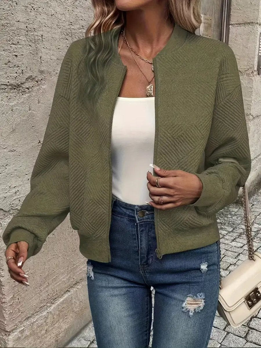 Women's Quilted Zip-Up Bomber Jacket Textured Cropped - Olive Green