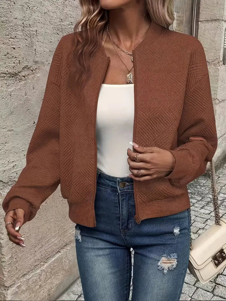 Women's Quilted Zip-Up Bomber Jacket Textured Cropped - Dark Brown