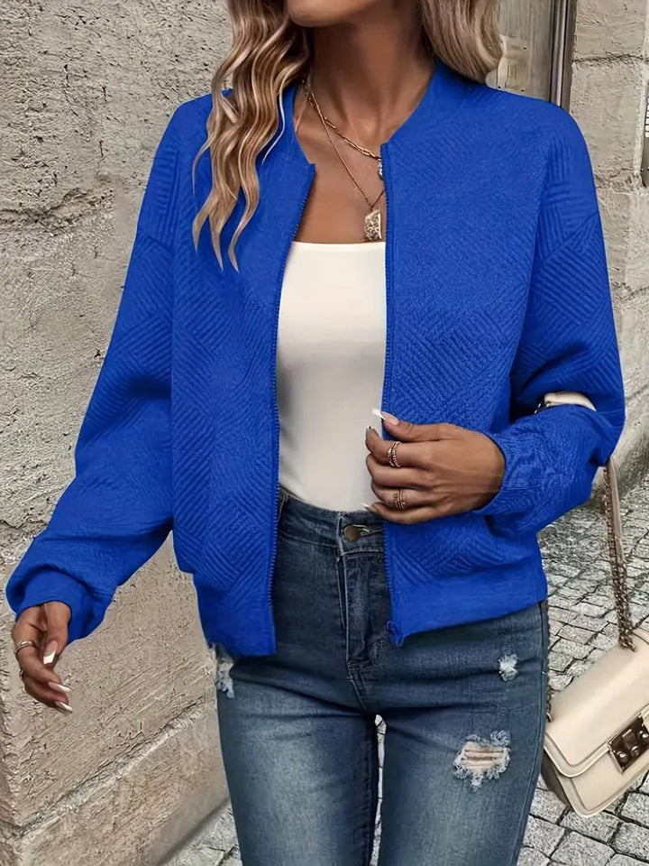 Women's Quilted Zip-Up Bomber Jacket Textured Cropped - Blue